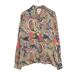 Notations 80s Colorful Floral Paisley Long Sleeve Collared Vintage Blouse Large